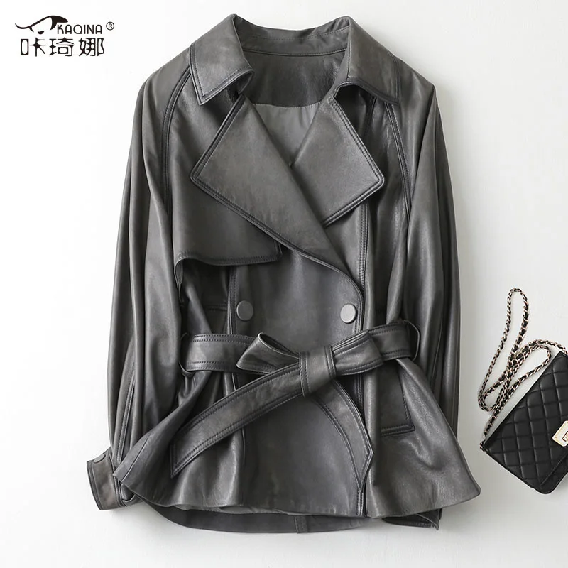 

SHZQ 2021 Spring and Autumn New Sheepskin Leather Coat Women's Short Waist Lace Leather Coat