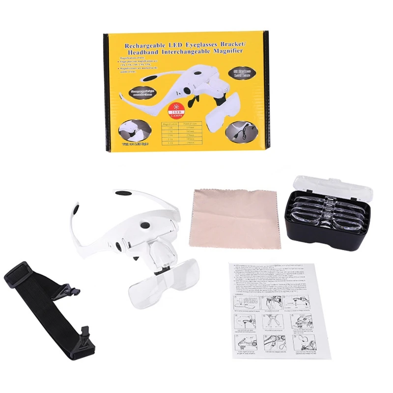 

5 Lens Loupe Eyewear Magnifier With Led Lights LampInterchangeable Lens Wearing Magnifying Glasses 1.0X/1.5X/2.0X/2.5X/3.5X