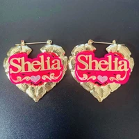 customized name earrings with heart double layers acrylic name bamboo earrings personalized letters hip hop earrings jewelry