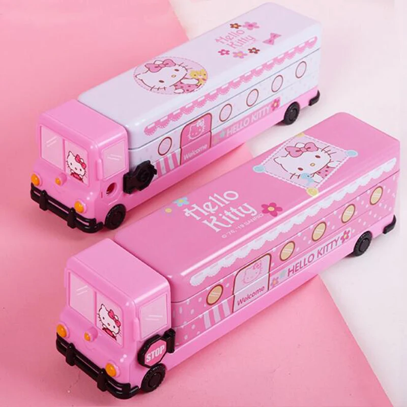 Новый Kawaii Hello Kitty грузовик двухслойная жестяная коробка для ручки