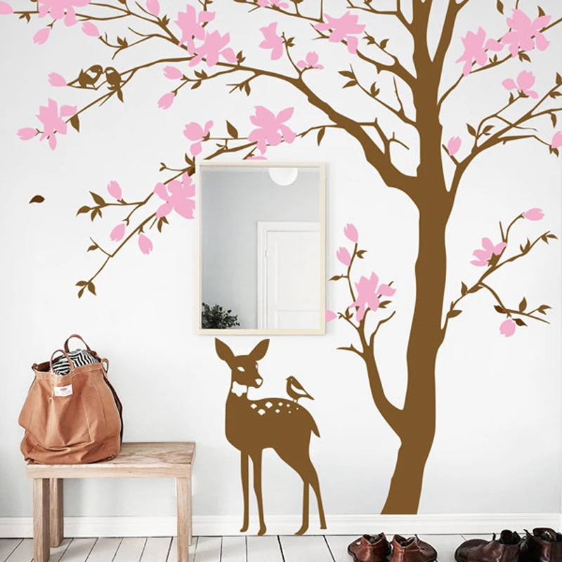 Большой элегантный розовый белый цветок дерево магнолии стикер стены грациозный