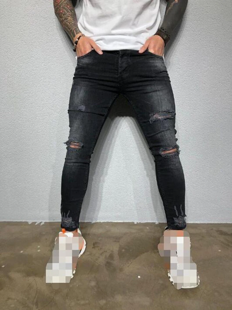 Ripped Jeans for Men Casual Skinny Stretch Black Distressed Jeans Men Sexy Hole Mid Waist Denim Pencil Pants