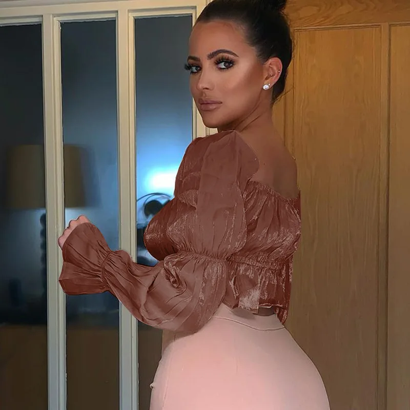 Yuqung женская короткая блузка с длинным Расклешенным рукавом укороченный топ