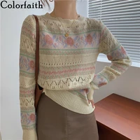 colorfaith new 2021 women autumn winter sweater knitted oversized wild cut out floral fashionable vintage pullovers tops sw9001