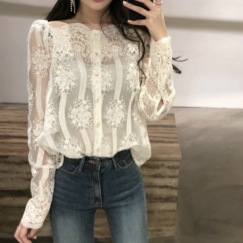 Женский кружевной топ с открытыми плечами Повседневная Блузка длинным рукавом