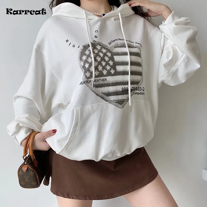 Karrcat-Sudadera con capucha para mujer, con estampado de la bandera de EE. UU., ropa holgada de gran tamaño, color blanco, estilo Punk, ropa de calle Harajuku