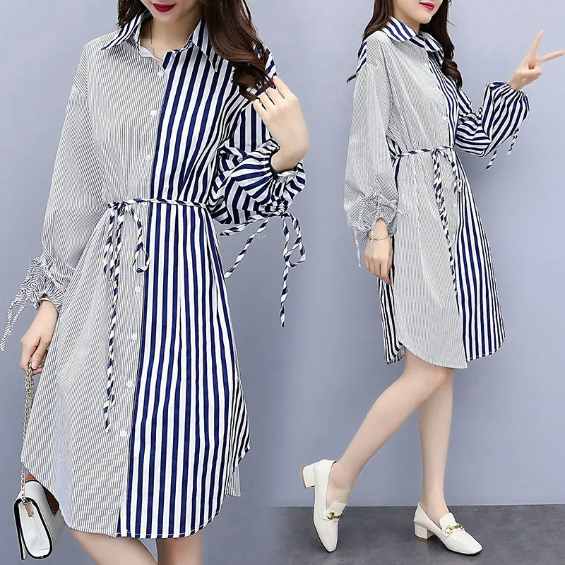 Женское платье миди в полоску повседневное Свободное с длинным рукавом большие