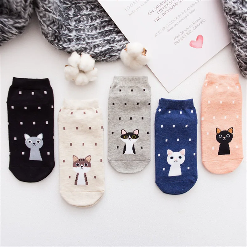 15-5Pairs 5 пар, женские хлопковые носки с рисунками животных, розовые милые короткие носки с котом, короткие носки, повседневные носки с ушками животных и красными сердечками для девочек, Размеры 35-40 - Цвет: 15-5Pairs
