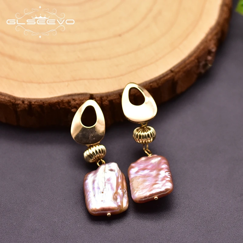 Женские серьги-подвески GLSEEVO геометрические с натуральным жемчугом фиолетовый