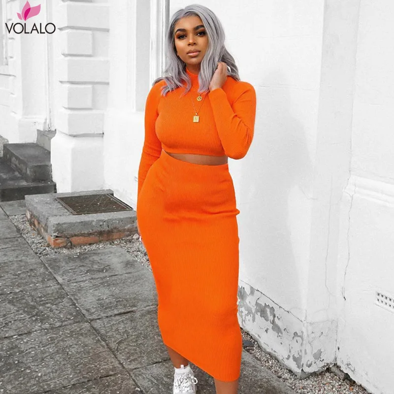 

Женский комплект из двух предметов VOLALO, однотонный Повседневный облегающий укороченный Топ с длинным рукавом и юбка в рубчик, весна-осень 2023