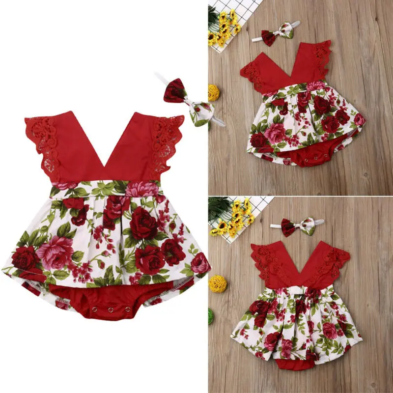 

Baby Summer Clothing Infant Baby Girls Floral Playsuit Sleeveless Lace V-Neck Ruffles Jumpsuit Headband Outfits