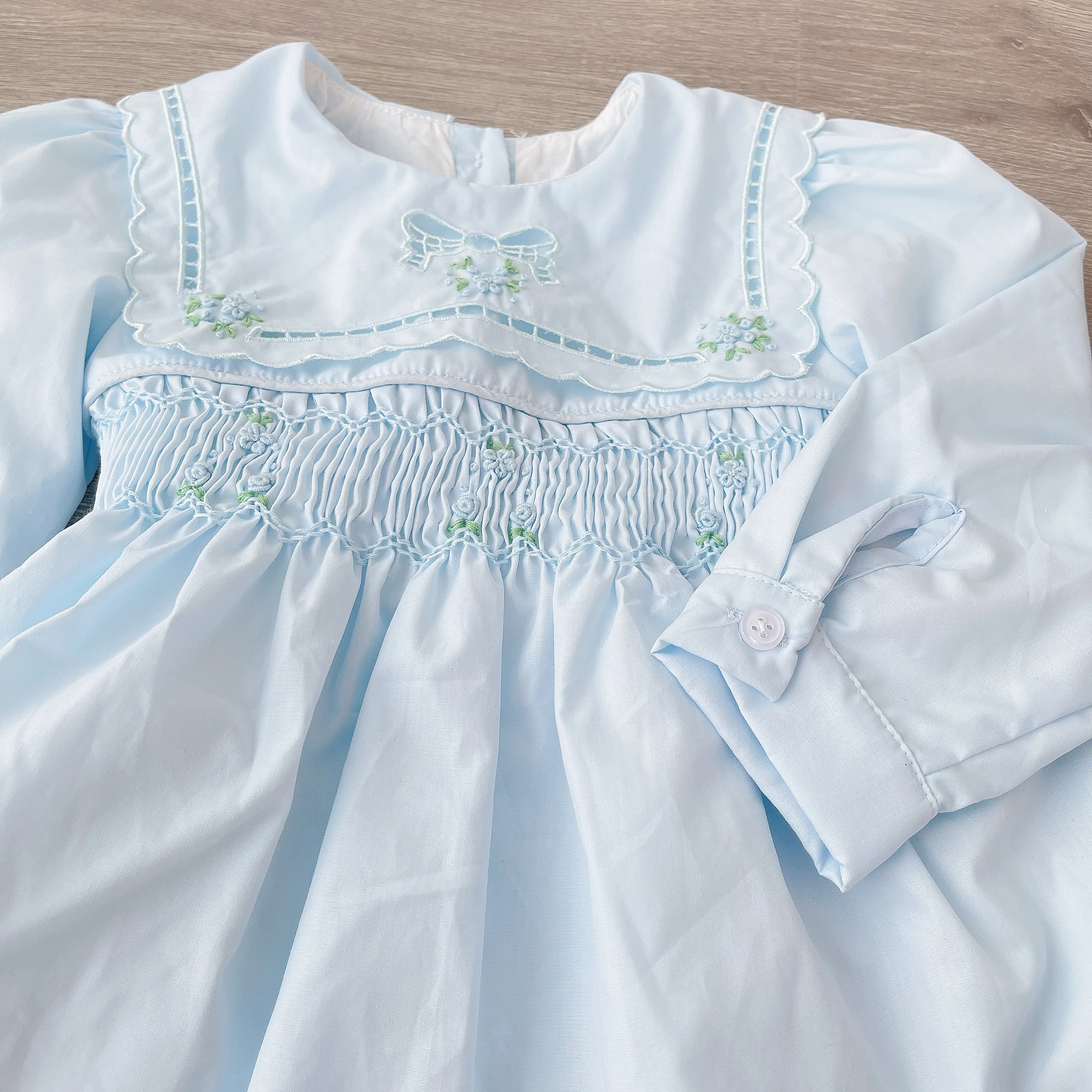 1-6Y Baby Girls Toddle Blue Cotton Elegant Handmade Winter Smocking Spanish Vintage Little Princess Dress for Wedding Christmas