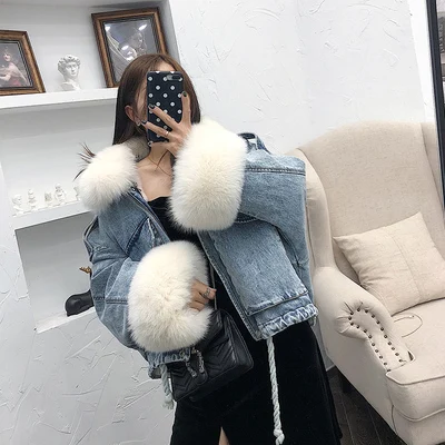 blue white Зимняя куртка женская из натурального Лисьего меха воротник манжеты подкладка из кролика джинсовая парка Теплая Свободная верхняя одежда уличная съемная - Цвет: blue white