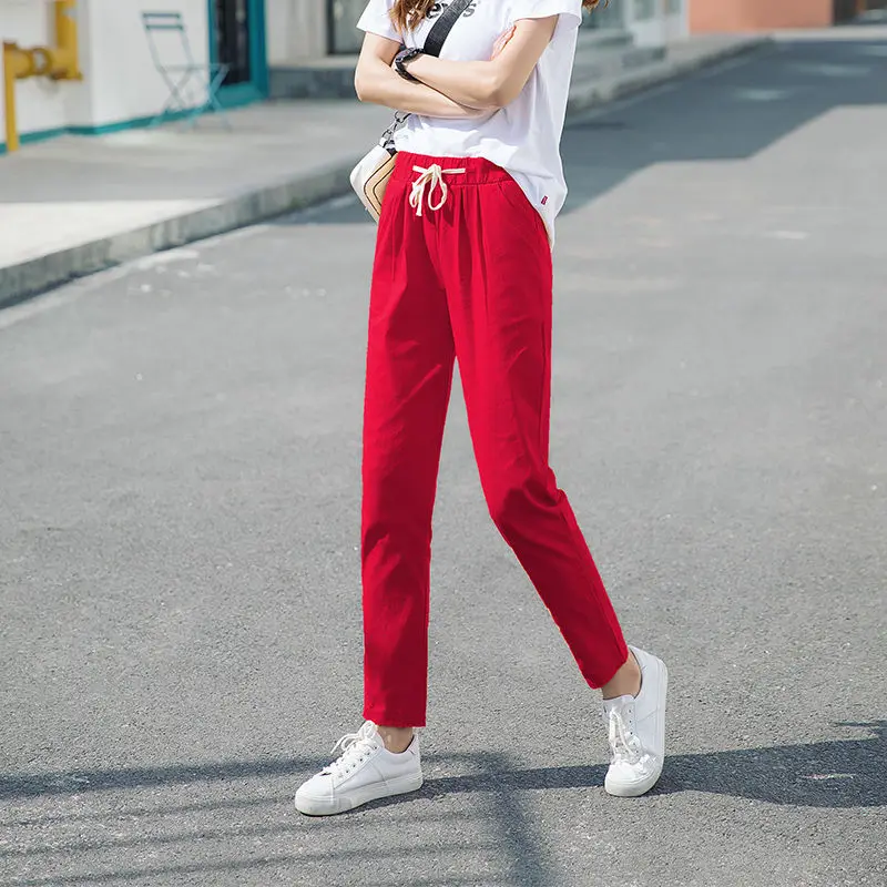 

Women's Spring Autumn Cotton Harem Pants Women's Pockets Solid Color Drawstring High Waist Casual Ankle-Length Pants KK0331