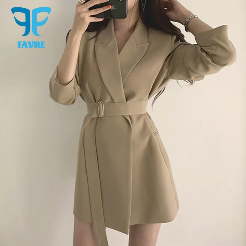 

FAVRE Solid Color Women Work Blazer Jacket Casual Vintage Sashes Loose Suit Jackets Female Oversized Blazers Coat Womens Outwear