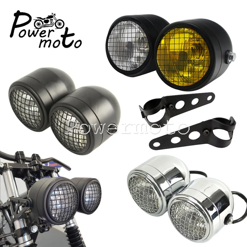 Для Harley Cafe Racer Chopper сетчатый гриль двойная головная фара Dominator передняя + кронштейн