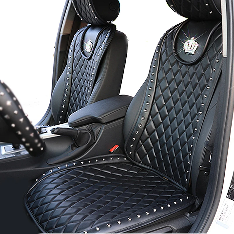 Leather Car Seat Cover Diamond Crown Rivets Auto Seat Cushion Interior Accessories Universal Size Front Seats Covers Car Styling
