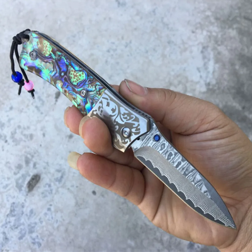 Складной нож дамасское лезвие желтая ручка из сандалового дерева выживание