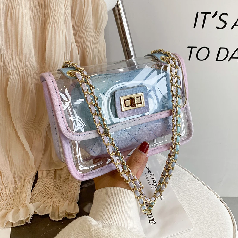 

2pcs Casual PVC Transparent Shoulder Bag Women Clear Bags Jelly Composite Set Acrylic Chain Small Crossbody Bags Travel Clutch