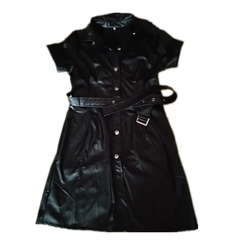

Fashion Corset Leather Mini Office Dress Women 2020Summer Lapel Short Sleeve Button Slim Dresses Ladies Party Black Green Dress