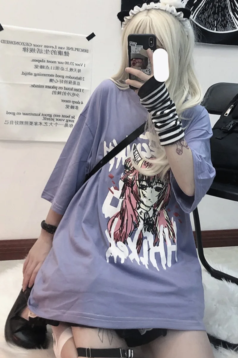 

WHOHOLL Short Sleeve T-shirt Female 2021 Summer Gothic Punk Clothes Cartoon Printing Loose BF Student Harajuku T-shirt Fashion