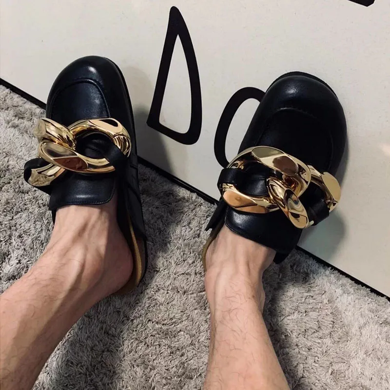 

Chic Gold Chain Slippers Women Square Toe Black Real Leather Thick Bottom Flat Shoes Woman Fashion Mules