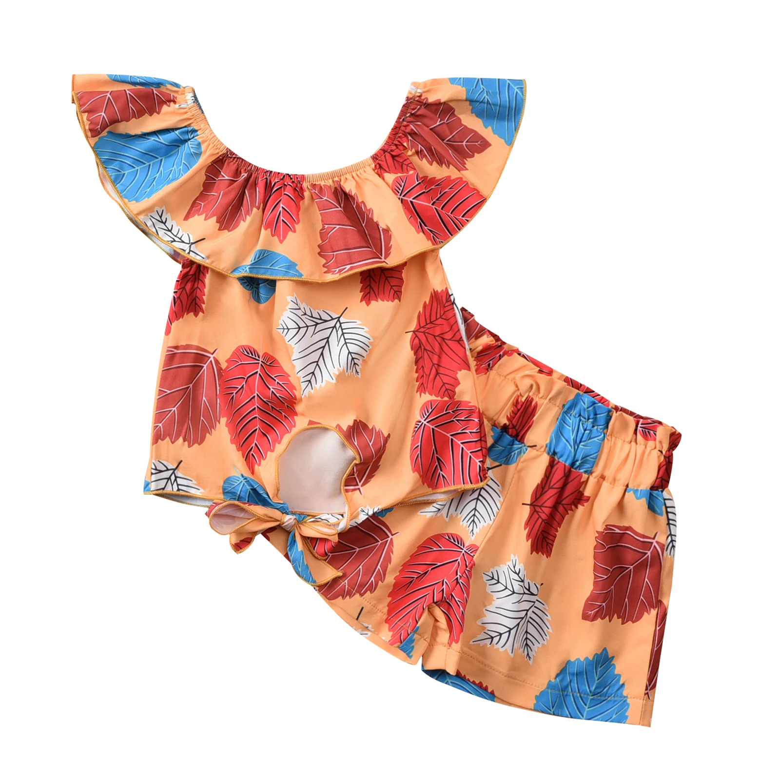 

Kids Girls Fashion 2-piece Outfit Set Off Shoulder Maple Print Tops+Shorts Set for Children Girls Summer Clothing