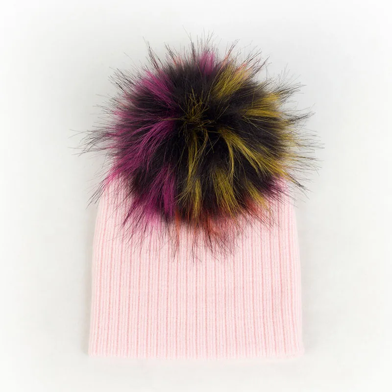 Light pink23 Geebro/осенне-зимняя Толстая теплая шапка для младенца вязаный в рубчик, хлопковая однотонная детская шапка с помпоном для мальчиков и девочек, детские шапки, детская шапочка - Цвет: Light pink23