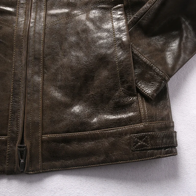 

Genuine 2021 Fashion Leather Jacket Men Green Sheepskin Short Stand Collar Motorcycle Biker Jacket Real Leather Coat