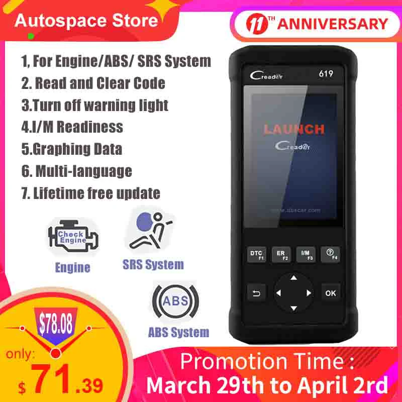 CR619 OBD2 сканер двигателя ABS SRS Автомобильный создание данных в реальном времени