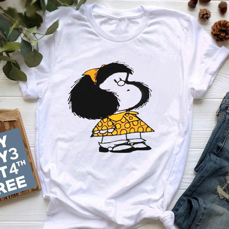 

Cute Cartoon Mafalda t shirt women Harajuku casual Short Sleeve tshirt Streetwear O-Neck White Tops Tee 90s Top tshirt Femme
