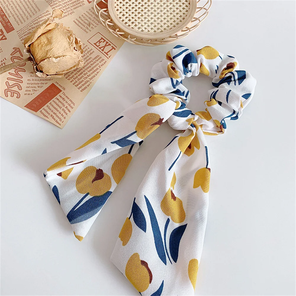 

Bow Streamers Hair Ring Fashion Floral Print Ribbon Girl Hair Bands Scrunchies Horsetail Tie Solid Headwear Hair Accessories
