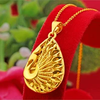 hi peafowl women 24k yellow gold plated water drop peacock pendant necklace for female party jewelry with chain birthday gift
