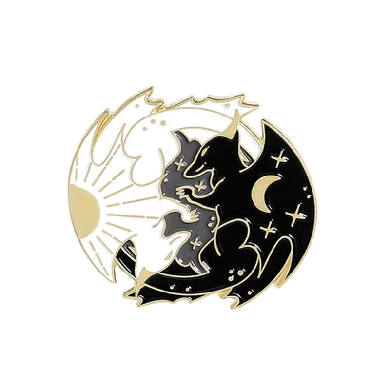 

Witch Cat Pins Black and White Yin Yang Moon and Star Hugging Cat Sleeping Kitty Brooch Jewelry Magic Lapel pins