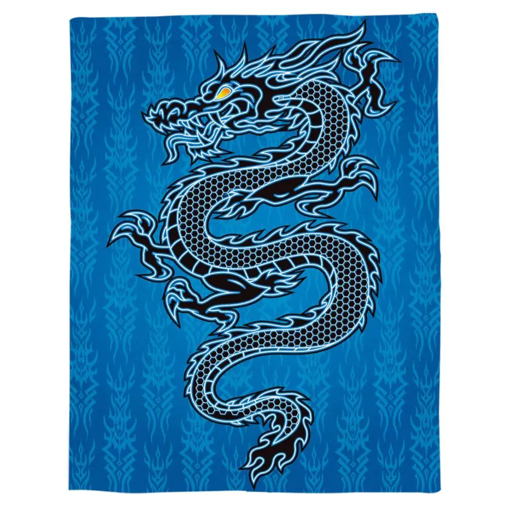 Одеяло с японским драконом черное одеяло голубым этническим рисунком дракона
