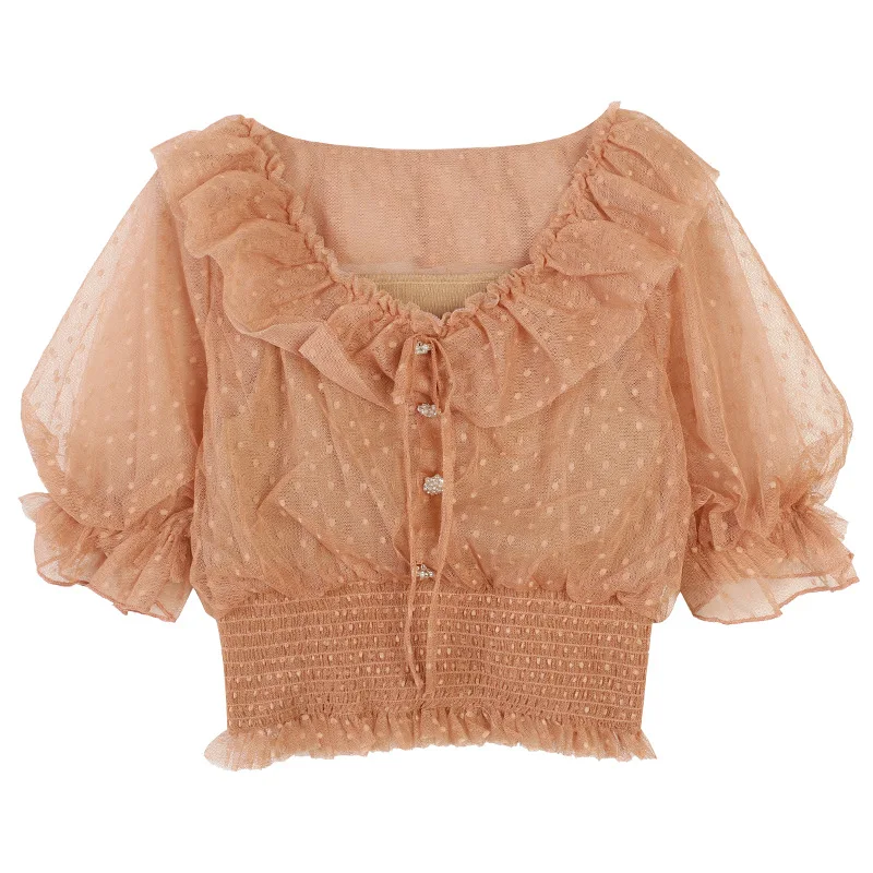 Топ вязаный кружевная блузка для женщин 2020 летнее платье с милыми рюшами бантом