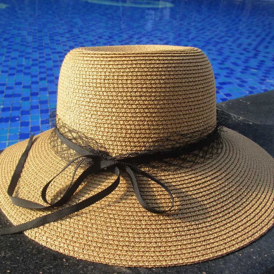 Женская летняя шляпа с широкими полями соломенная Черная кружевная пляжная