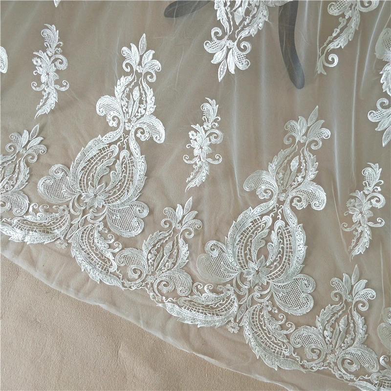 

High end Rayon sequin embroideries lace fabric 2020 new designs Ivory wedding dress making lace fabric 1 yard, continuous fabric