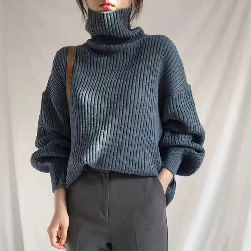 

Knitted Ribbed Women's Sweater Lantern Sleeve Turtleneck Loose Elegant Thick Pullover Female 2021 New Spring Korean Lady Jumper