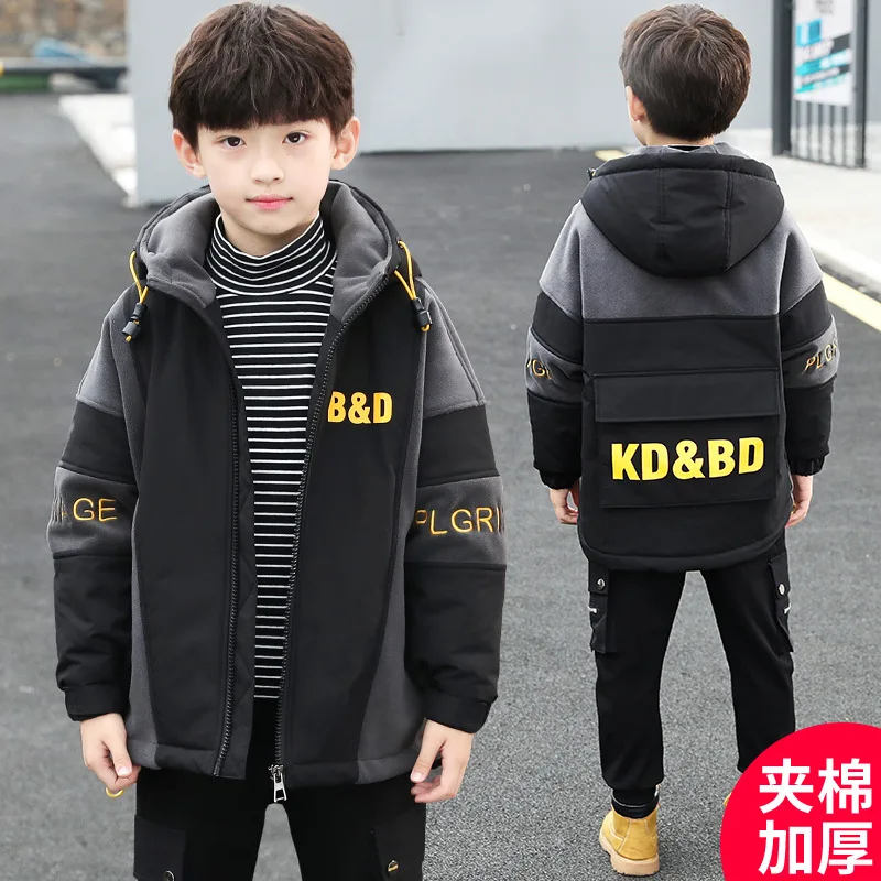 

Fall Winter New Warm Hooded Down Jacket Kids Boys Fashion Simple Thick Wadded Coat Tops Teen Children Casual Patchwork Outerwear