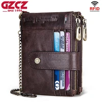 2021 new fashion genuine leather mens wallet short coin purse small card holder wallet with chain male portomonee money bags