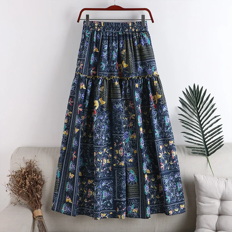 

2020 Autumn winter new high waist thin elastic waist big hem art print stitching mid-length skirt fashion female skirt