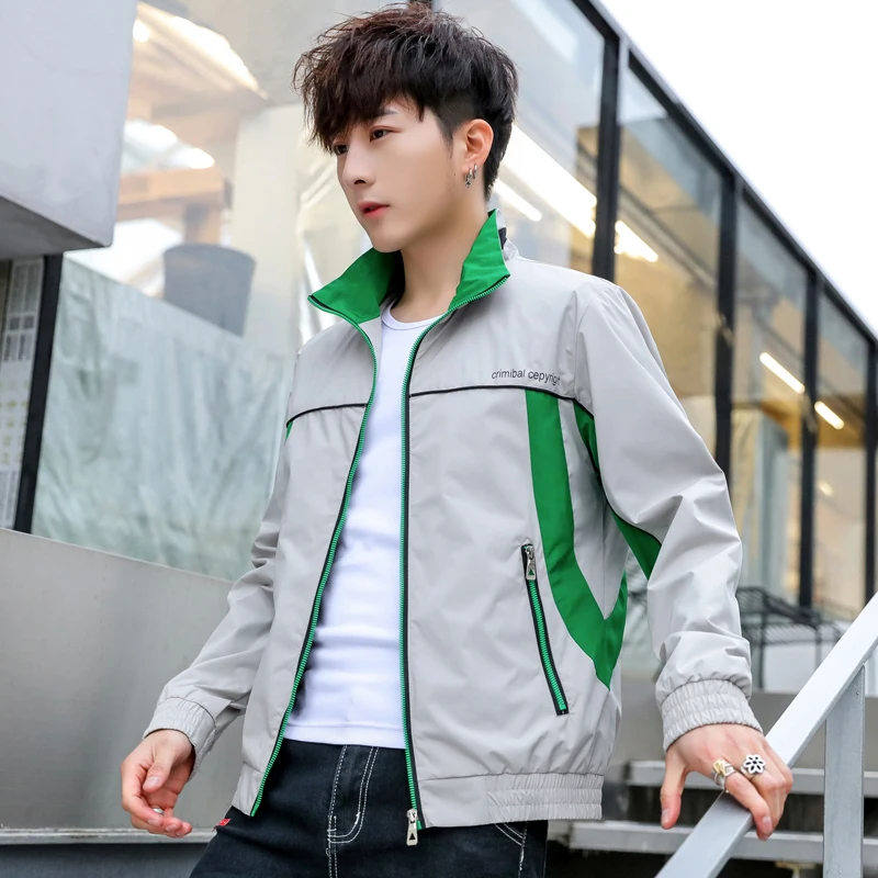 Promotion Sale Men's Spring Jacket PatchWork With Green Panel Contrast Color Windbreaker Zipper Closure Youth Coat M-4XL 235 | Мужская