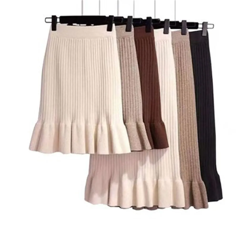 

Women Skirt Knitted High Waist Pleated Lady Skirts Solid Elastic Mermaid Knitting Ribbed Autumn Winter Female Bottoms Two Types