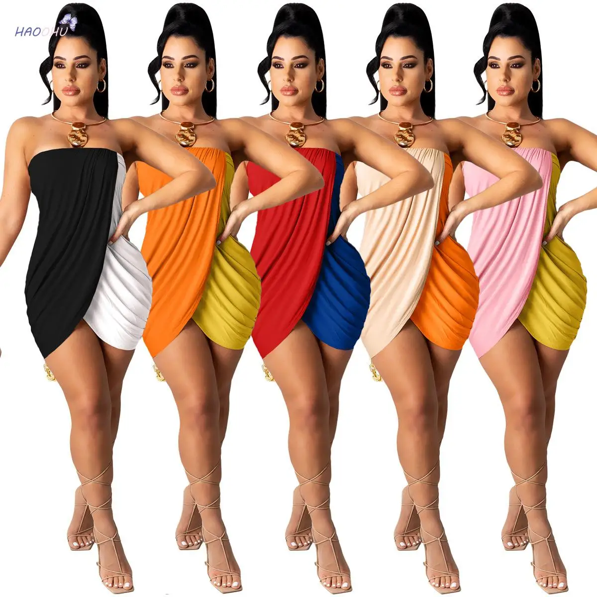 

HAOOHU Color Contrast Patchwork Dress Summer One-Word Sexy Bandeau Slit Pleated Dress for Women Plus Size Dresses