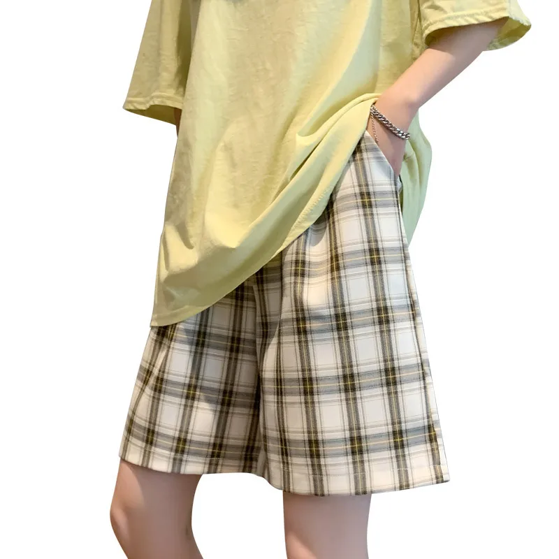 

WANYUCL Plaid Shorts Women's Summer Thin Loose Straight Five-point Pants High Waist Casual Wide-Leg Five-point Pants