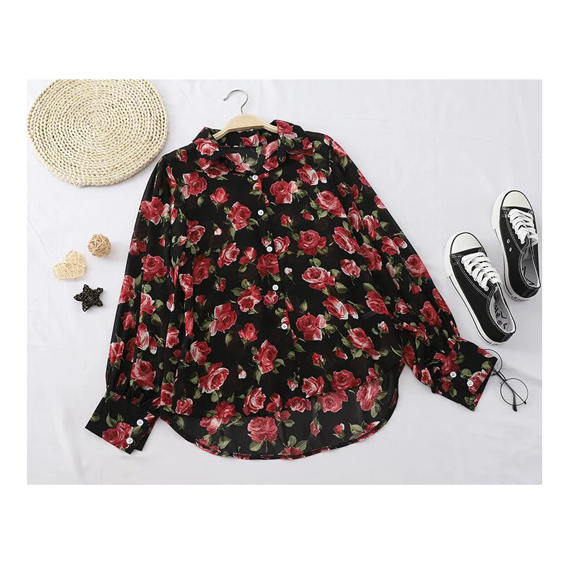 Винтажная Цветочная шифоновая блузка для женщин 2019 весна осень длинный рукав