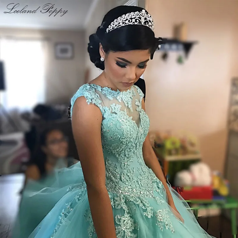 Picture Color Бальное платье, фатиновые пышные платья для девочек, кружевные аппликации с глубоким круглым декольте расшитые бисером в пол без рукавов, торжественные платья - Цвет: Picture Color