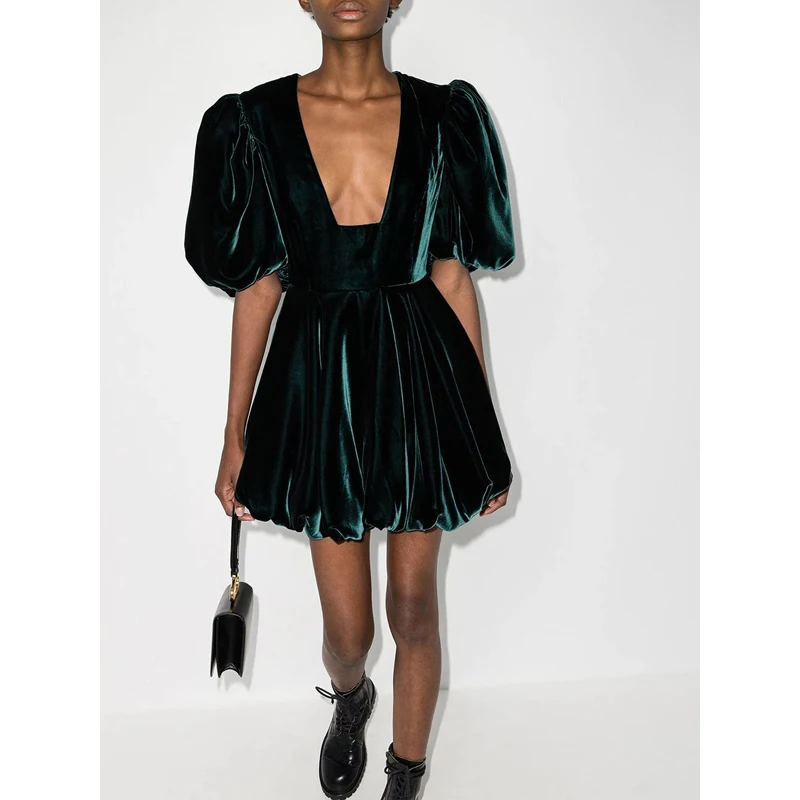 

Collar 11.27 Sexy Square Short Dress Female Vintage Temperament Party Velvet Puff Sleeve Dresses