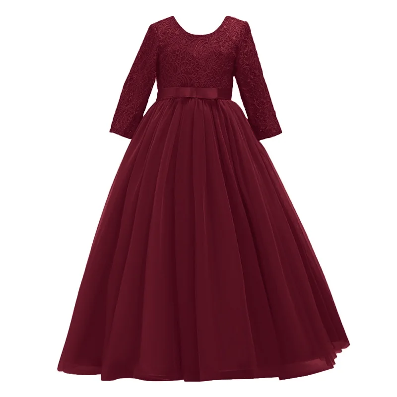 wine red Модное Новое Детское платье для девочек, 3/4 рукав, высокая талия, зеленое кружевное Тюлевое платье с v-образным вырезом на спине элегантное праздничное платье принцессы для девочек на день рождения - Цвет: wine red